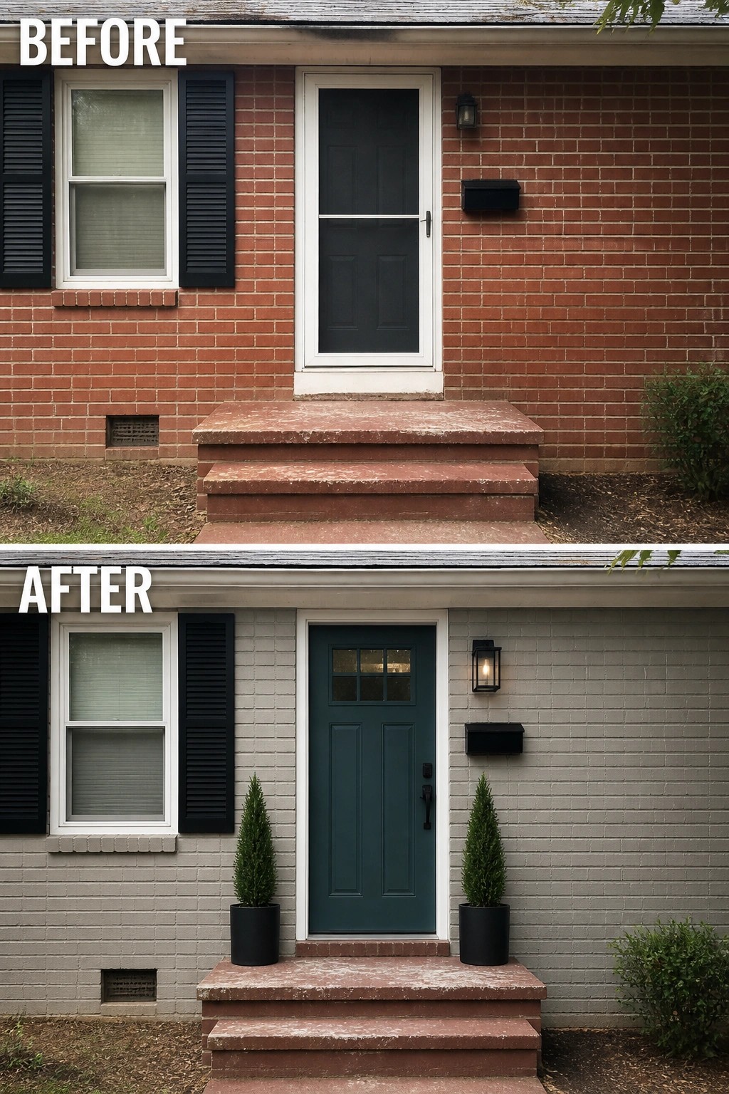 Before-and-after image of a plain brick front porch updated with a painted front door and matching planters to create a defined entry.