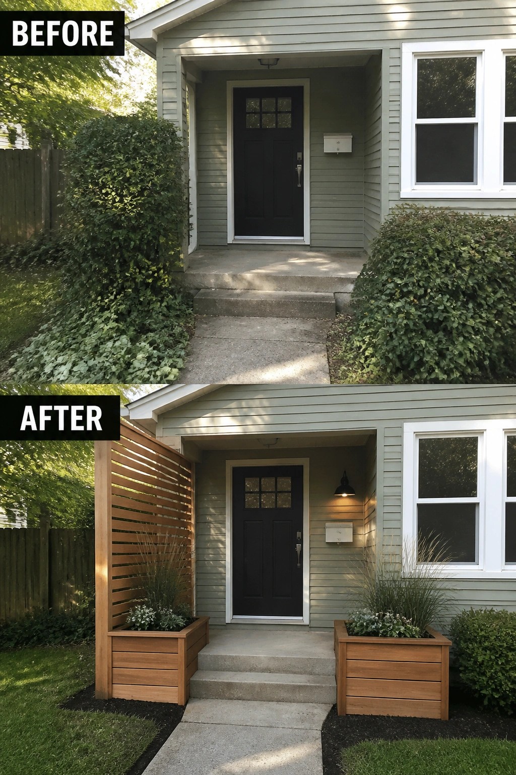 Before-and-after image of a small front porch updated by replacing overgrown shrubs with wooden planter boxes, adding a slatted privacy screen, and installing a wall light.