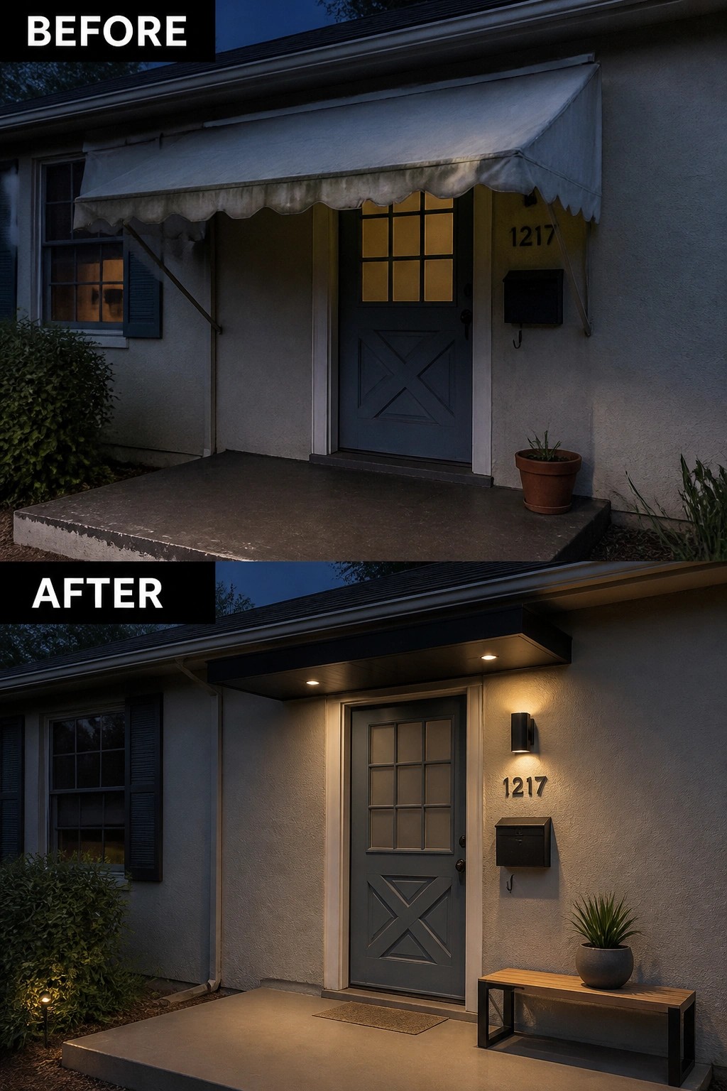 Before-and-after image of a plain front porch updated with a modern overhang, new exterior lighting, house numbers, and a simple bench with a planter.