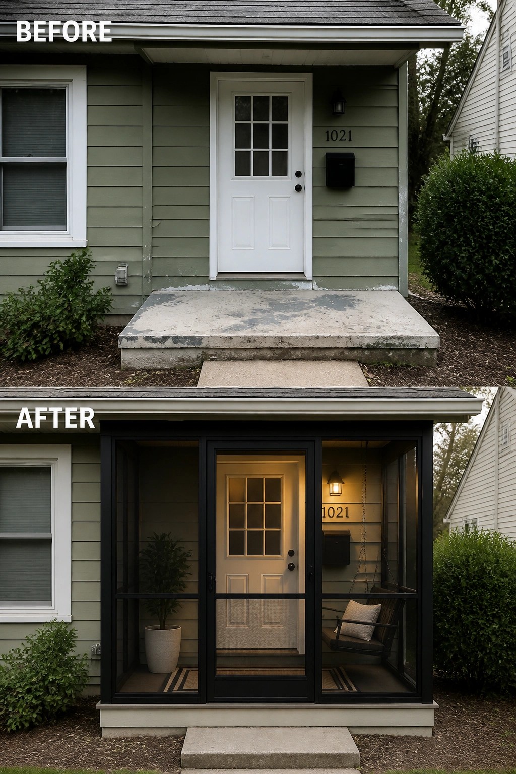 Before-and-after image of a plain concrete front stoop converted into a small screened porch with a door, screened panels, seating, and a wall light.