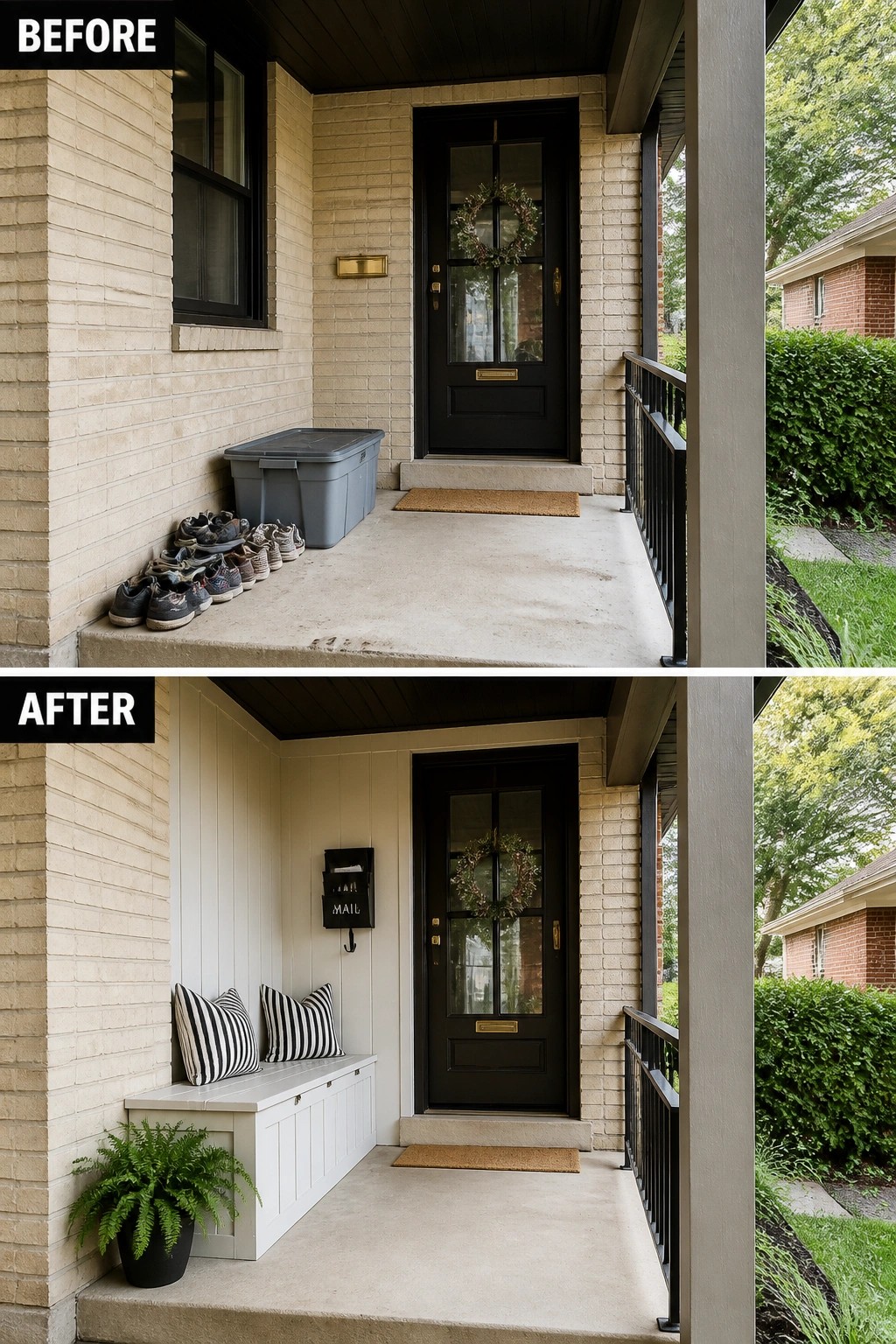 Before-and-after image of a bare front porch updated with a built-in storage bench, pillows, a potted fern, and a wall-mounted mailbox.