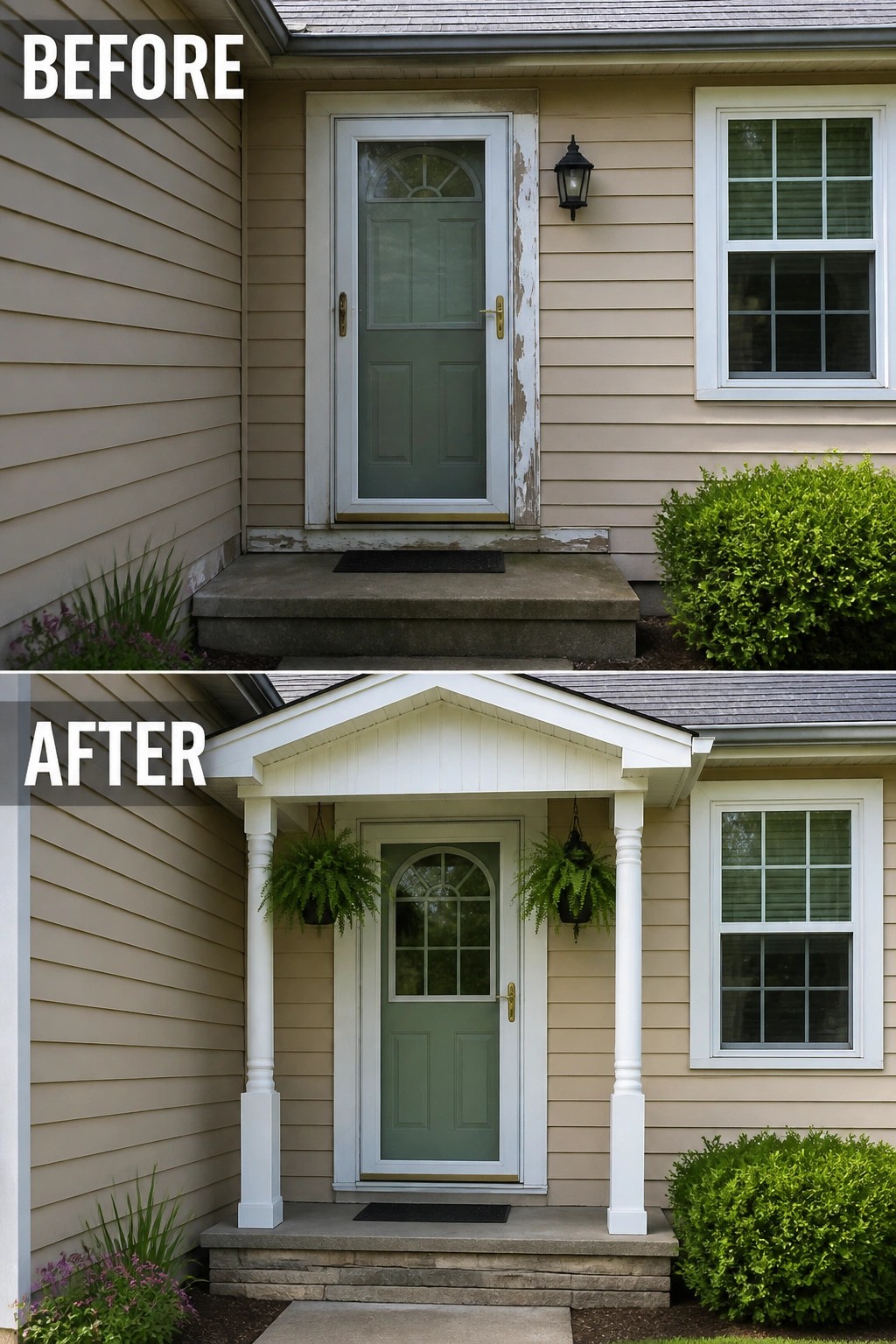 Before-and-after image of a plain front entry updated with a small gabled porch, paired columns, and hanging plants.