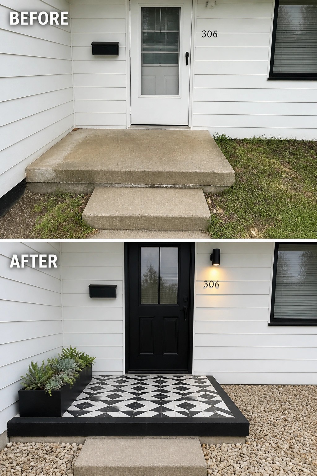 Before-and-after image of a small front porch where a plain concrete landing was updated with patterned tile, added a long planter, and neat gravel edging.