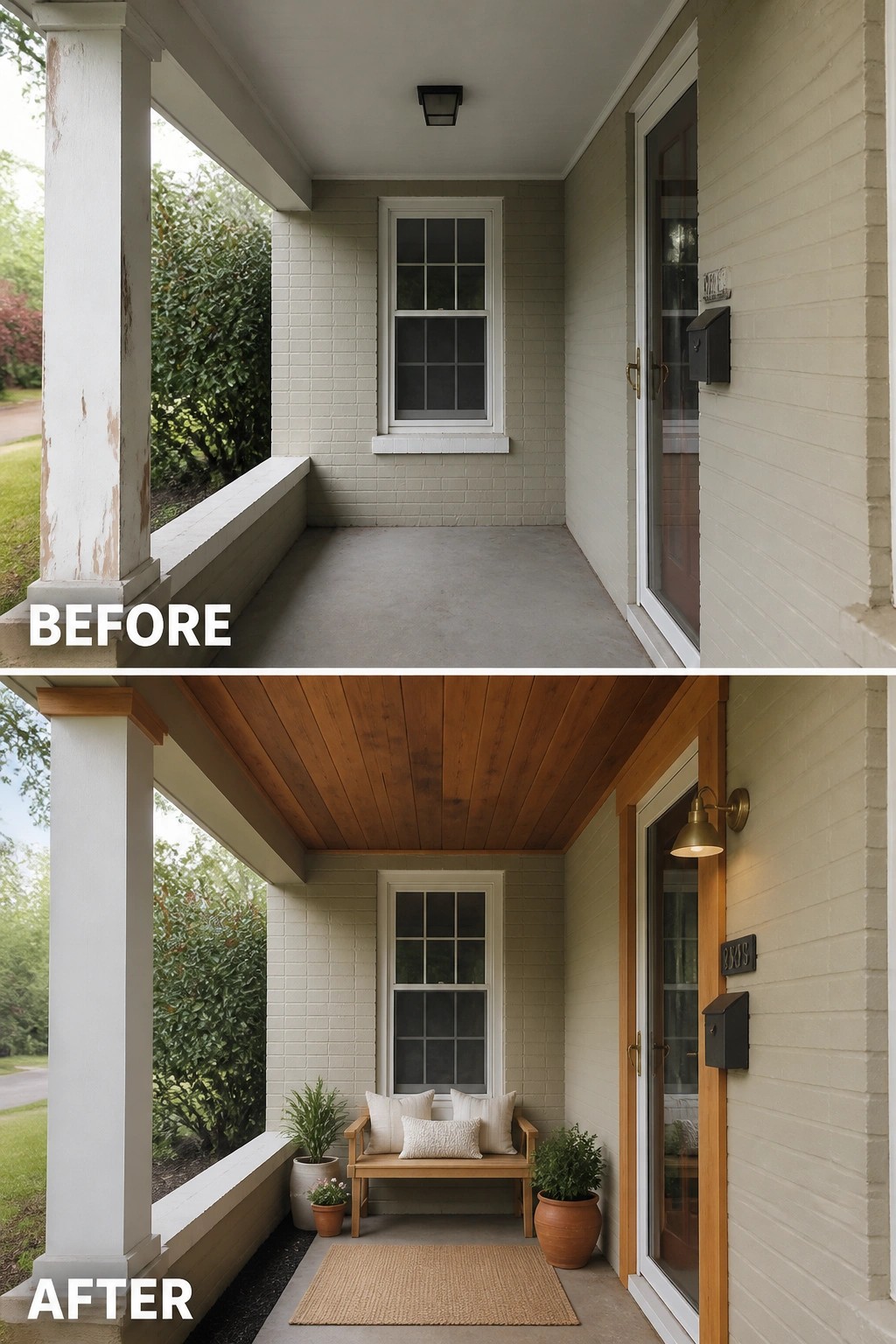 Before-and-after image of a bare front porch updated with a bench, outdoor rug, potted plants, wooden ceiling trim, and a wall light.