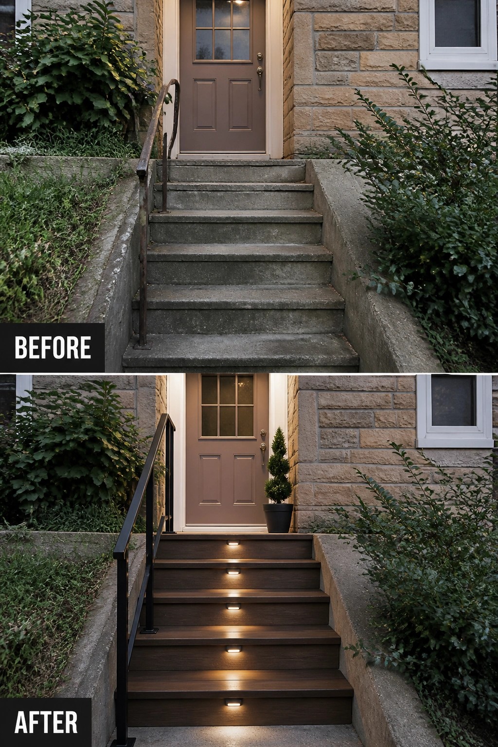Before-and-after image of a plain concrete front stairway updated with wood-look treads, a black metal handrail, recessed step lights, and a potted plant.