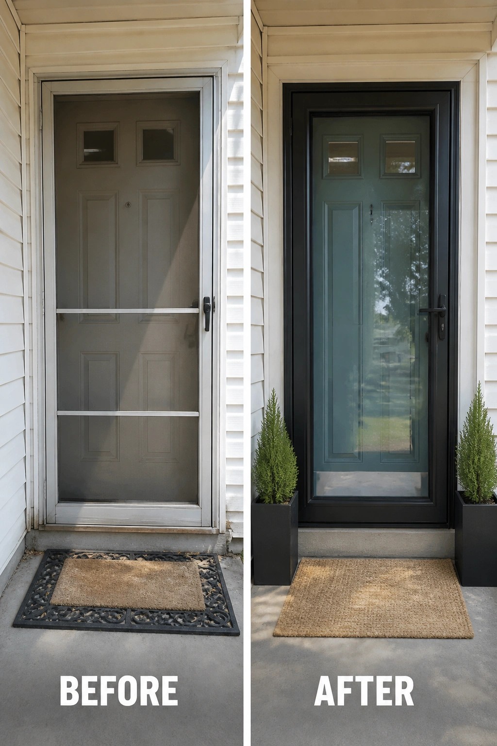 Before-and-after image of a shallow front entry updated with a dark-framed glass door, matching tall planters, and a larger coir rug.