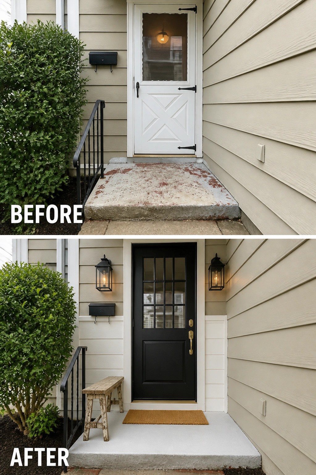 Before-and-after image of a bare front porch updated with a new black door, painted step, lantern lights, a small bench, and a doormat.