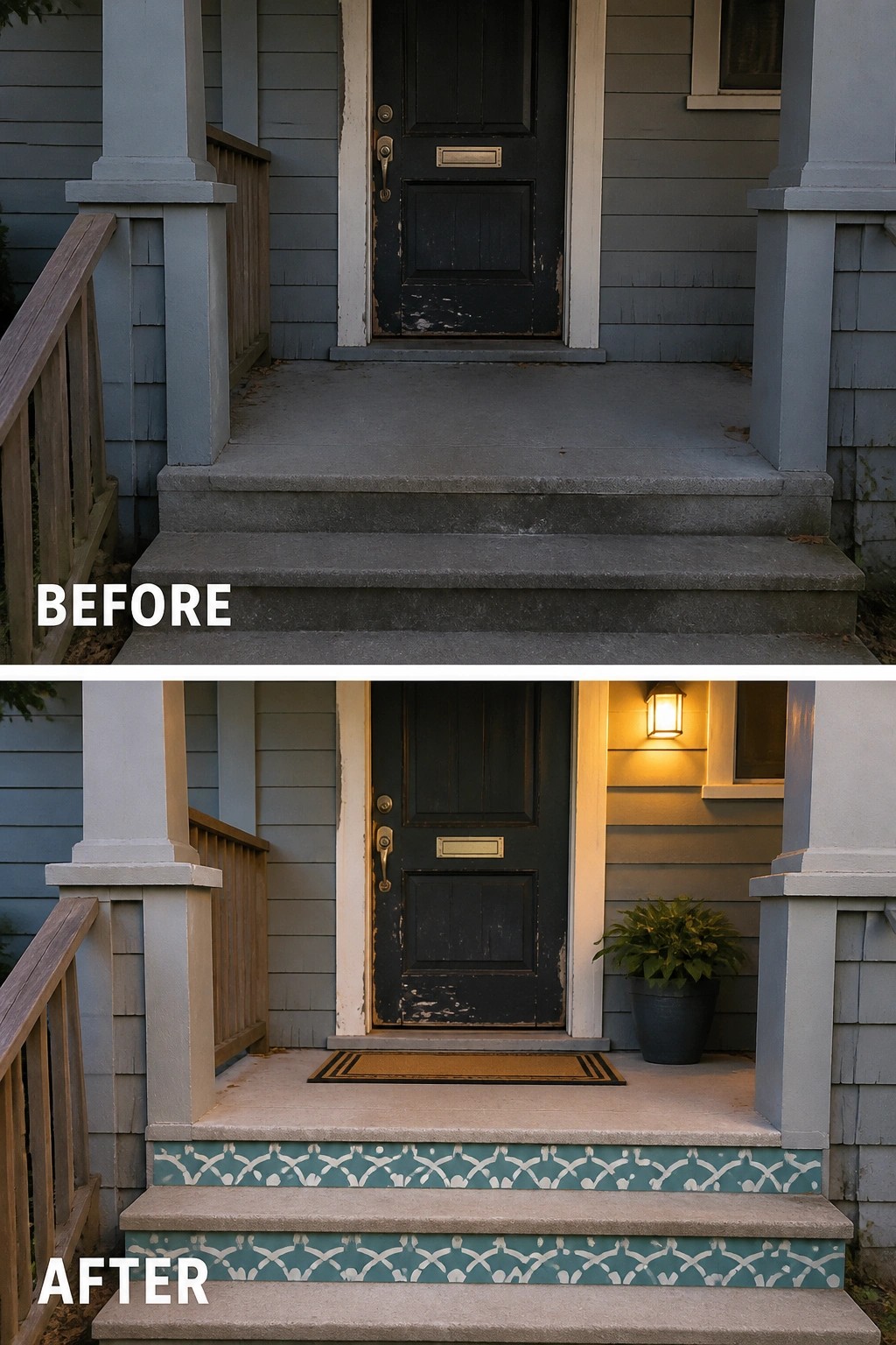 Before-and-after image of a plain front porch updated with patterned stair risers, a doormat, and a potted plant.