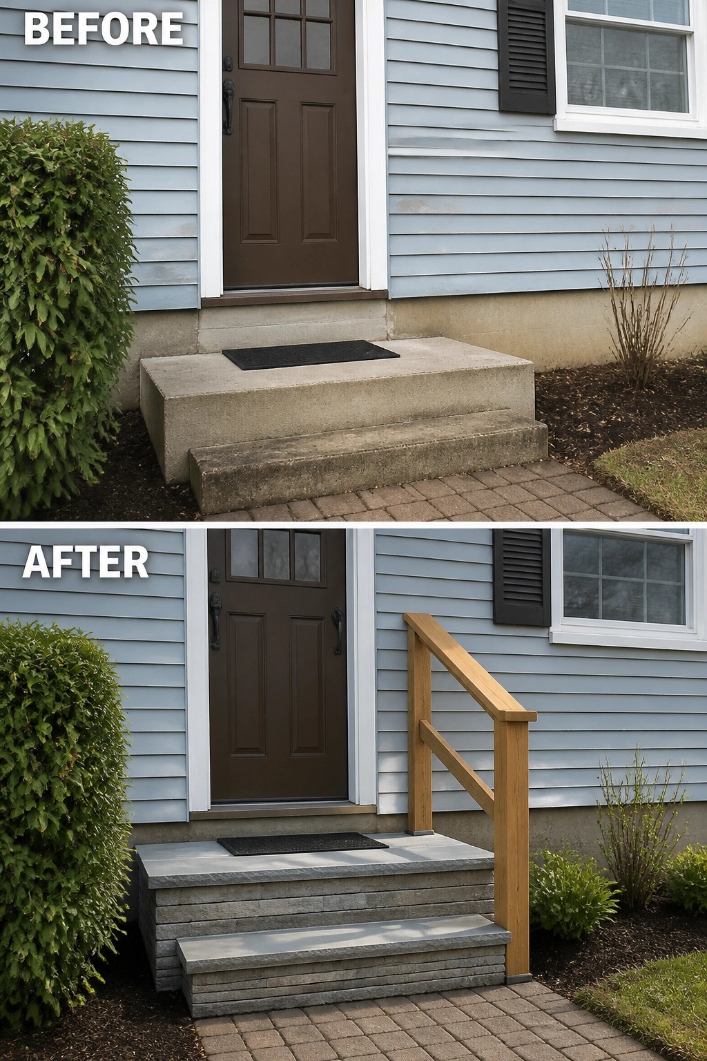 Before-and-after image of a shallow front porch where a plain concrete stoop is replaced by layered stone steps with a wooden handrail.