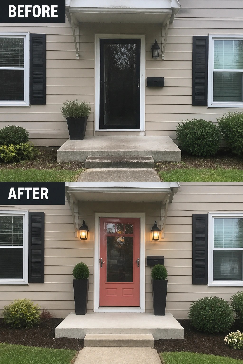 Before-and-after image of a shallow front porch updated by painting the door and adding matching lanterns and tall planters to create a defined entry.