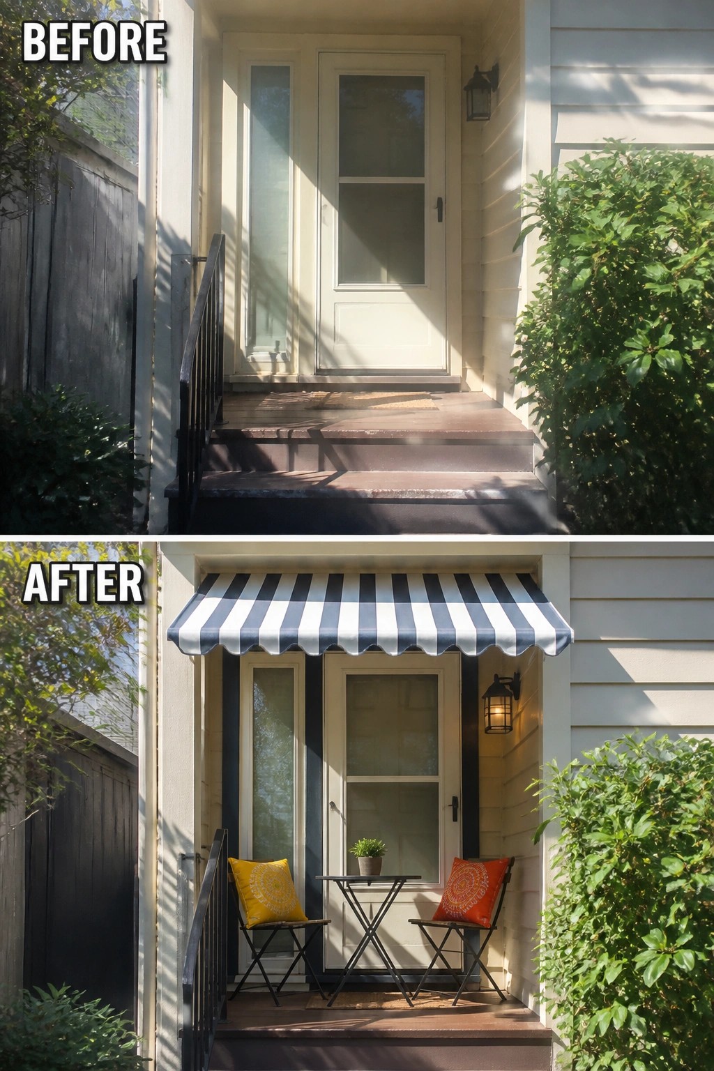 Before-and-after image of a small front porch updated from empty steps to a shaded seating nook with a striped awning, a small bistro table, two chairs with cushions, and a wall lantern.