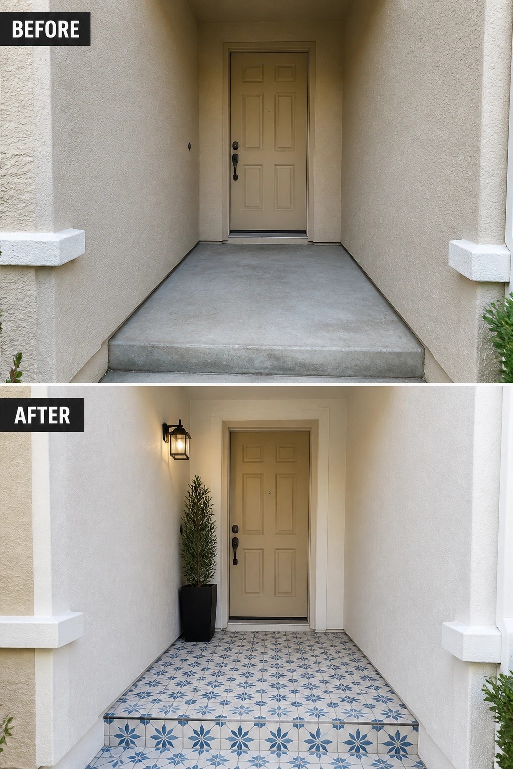 Before-and-after image of a shallow front porch showing plain concrete replaced with patterned tile flooring, a tall planter, and a wall lantern.
