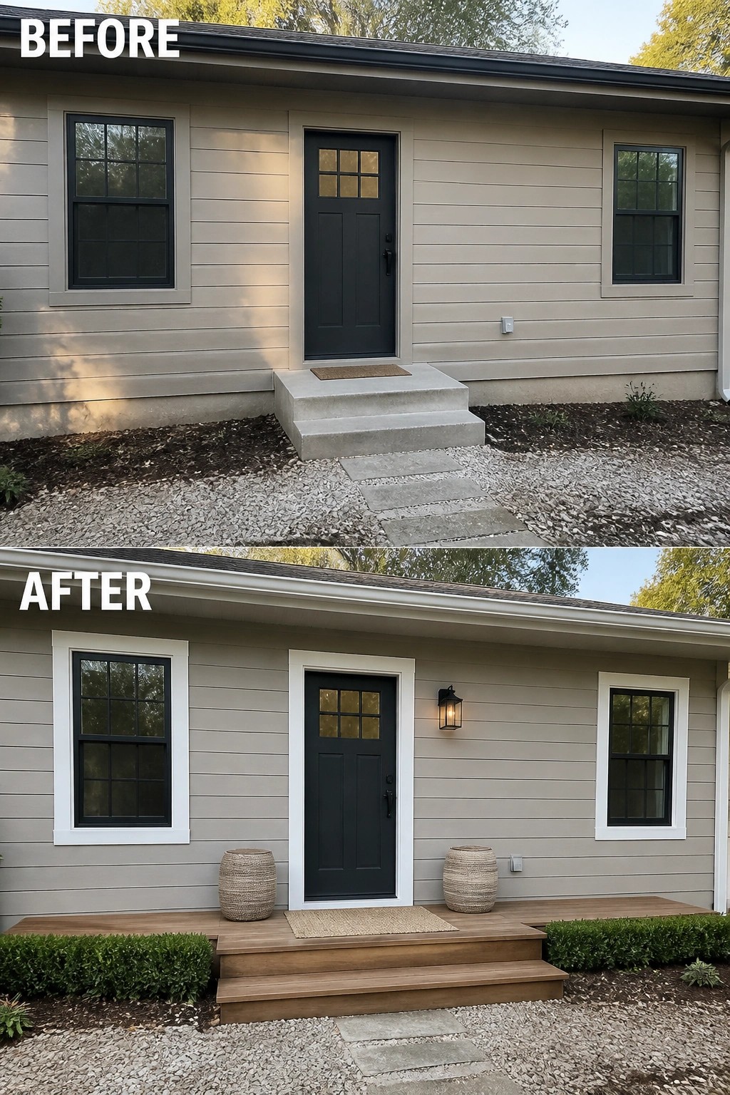 Before-and-after image of a front entry where a plain concrete stoop is replaced by a low wooden porch with steps, a wall lantern, and simple planters.