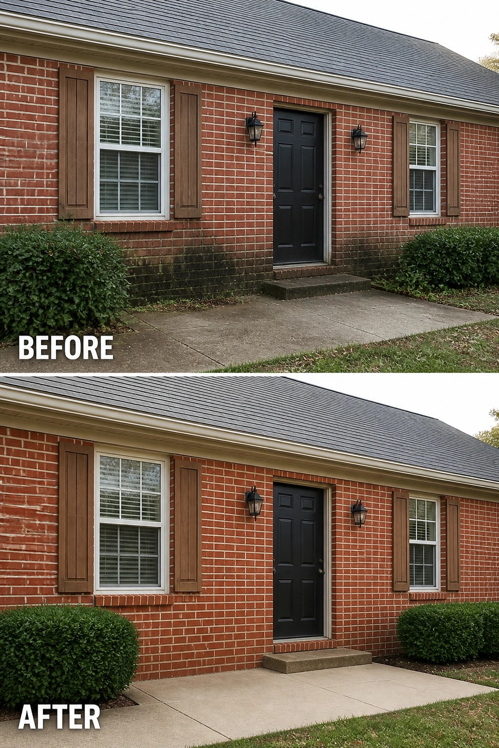 Before-and-after image of a brick house front showing dirty lower bricks and overgrown shrubs changed to cleaned bricks and trimmed bushes for a neater entry.