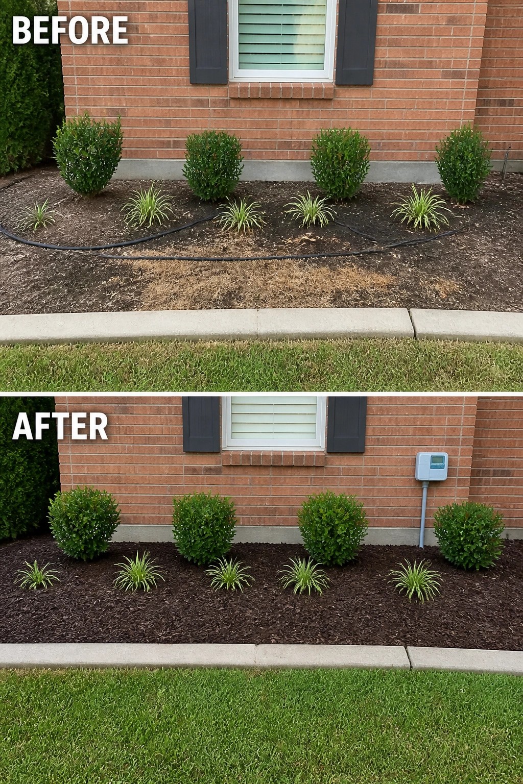 Before-and-after image of a front garden bed cleaned up with exposed drip tubing removed and fresh dark mulch added around evenly spaced shrubs and ornamental grasses.