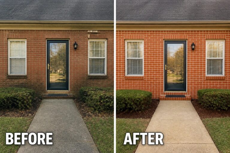 Before-and-after image of a brick house front showing dirty lower bricks and overgrown shrubs changed to cleaned bricks and trimmed bushes for a neater entry.