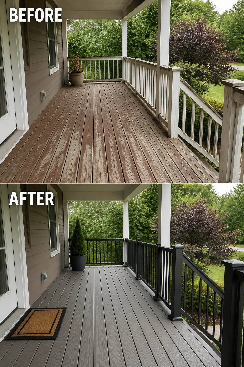 Before-and-after image of a front porch where worn wooden decking and pale railings were replaced with gray composite decking, darker railing, and a potted plant by the door.