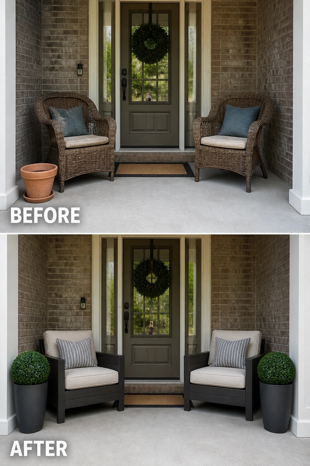 Before-and-after image of a front porch updated from two wicker chairs and an empty pot to matching modern armchairs with cushions and paired planters.