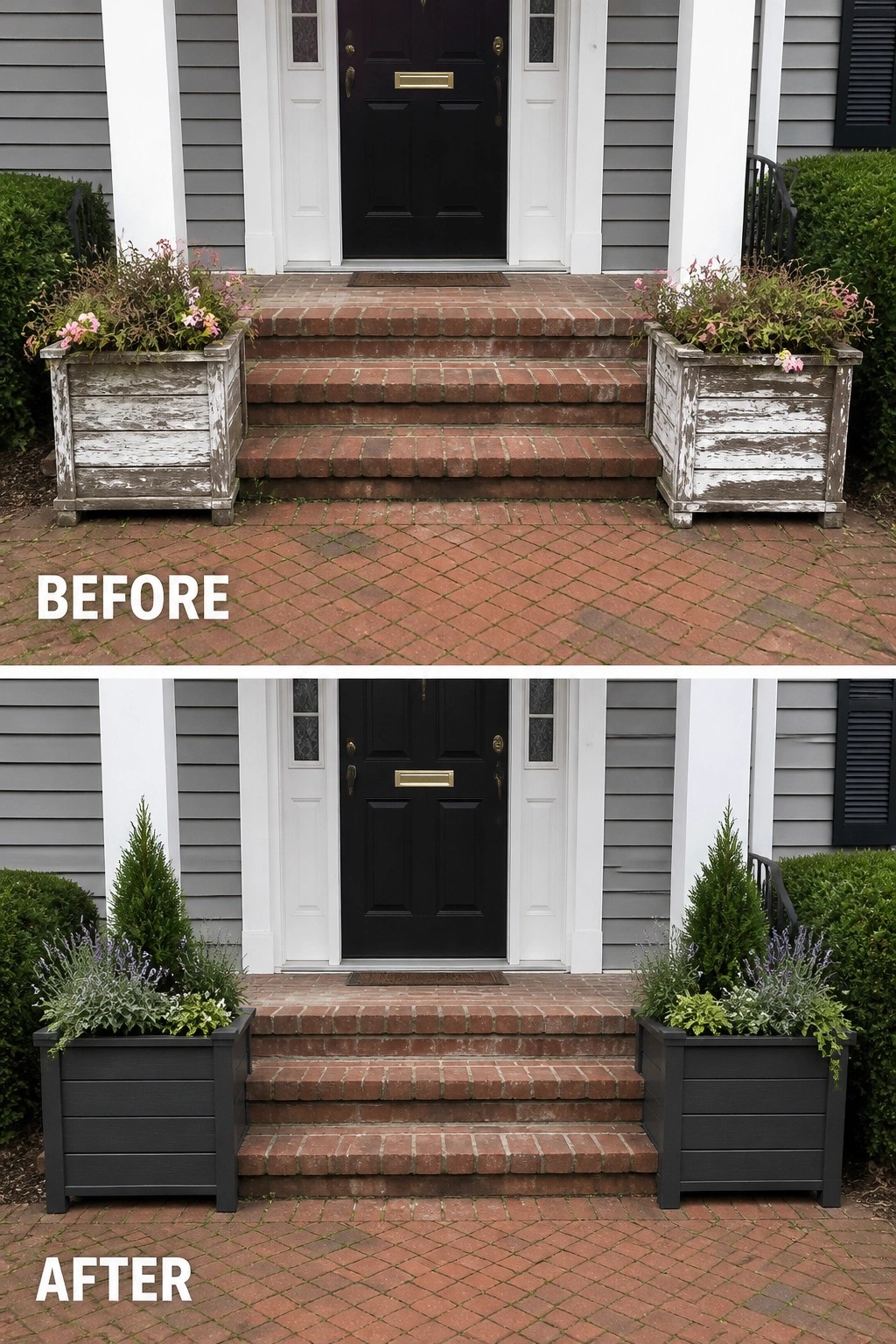 Before-and-after image of a front porch where worn wooden planters are replaced with dark painted planters filled with upright evergreens and low-maintenance plants.