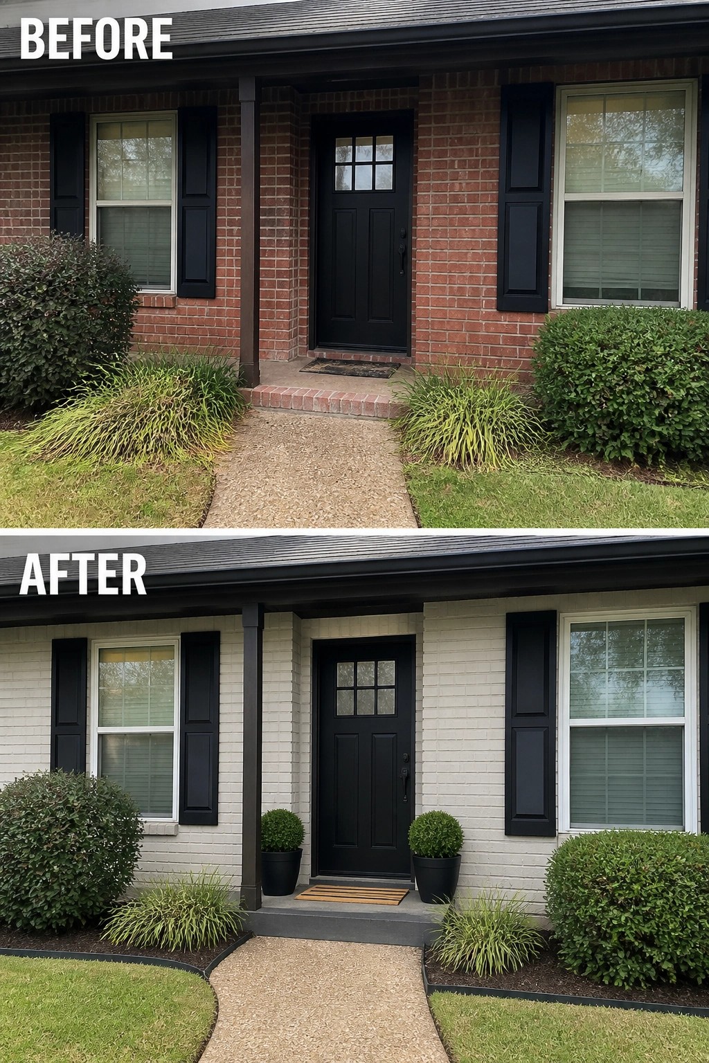 Before-and-after image of a front porch showing original red brick and a narrow stoop updated with painted light brick, a dark door flanked by matching planters, and tidier garden edging.