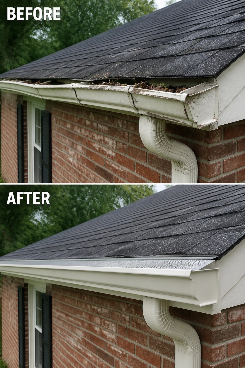Before-and-after image of a house eave showing clogged, debris-filled gutters replaced with clean new gutters fitted with a perforated gutter guard.