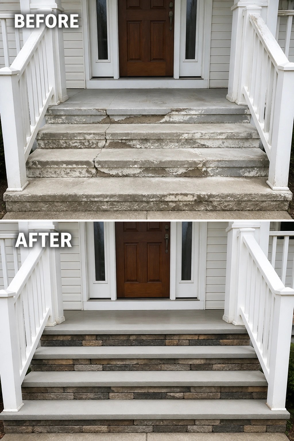Before-and-after image of a front porch showing cracked, chipped concrete steps replaced with smooth new treads and stone veneer on the risers.