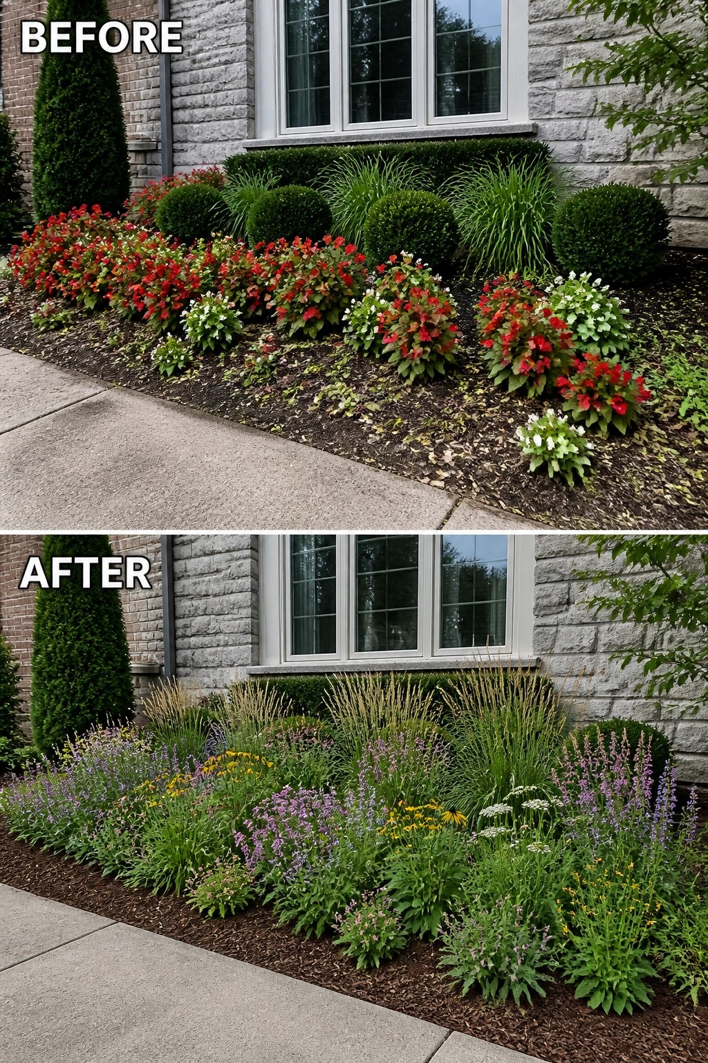 Before-and-after image of a front garden where low red annual bedding was replaced by mixed perennials and tall ornamental grasses with fresh mulch.