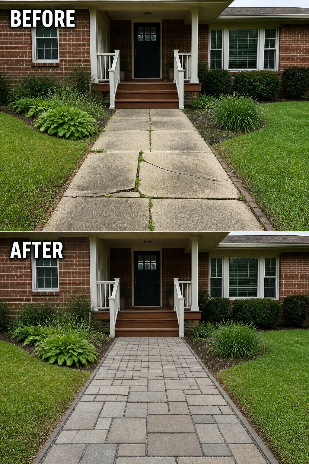Before-and-after image showing a cracked concrete front walkway replaced with a patterned interlocking paver path leading to a brick house entry.