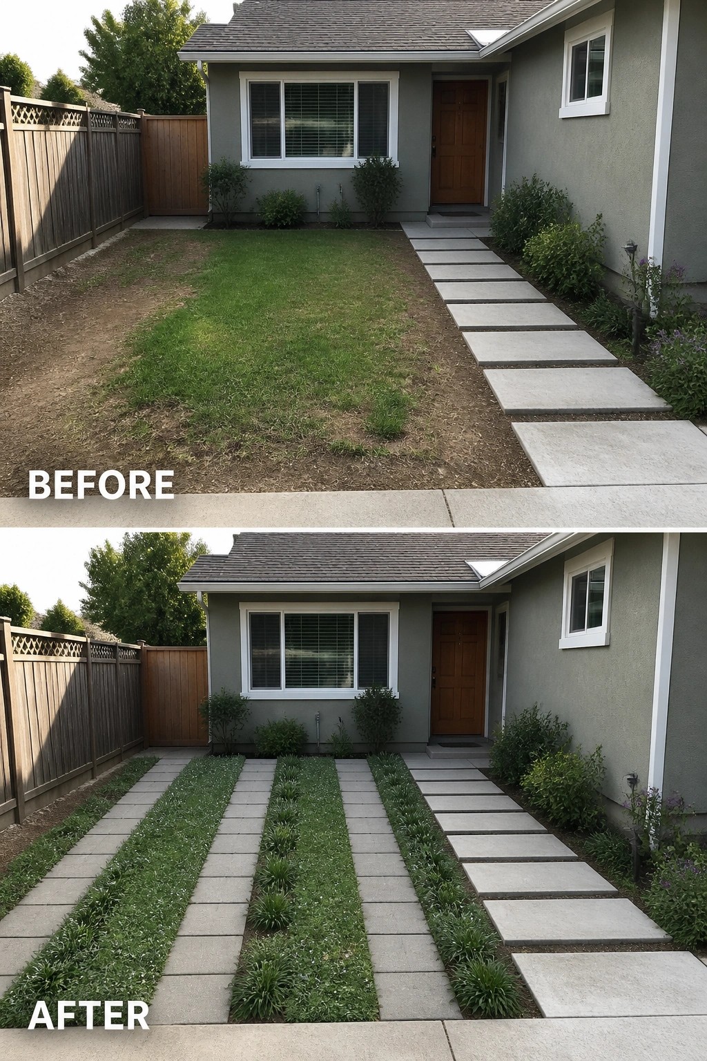 Before-and-after image of a front yard where a patchy lawn was replaced with parallel concrete pavers and narrow planted green strips.