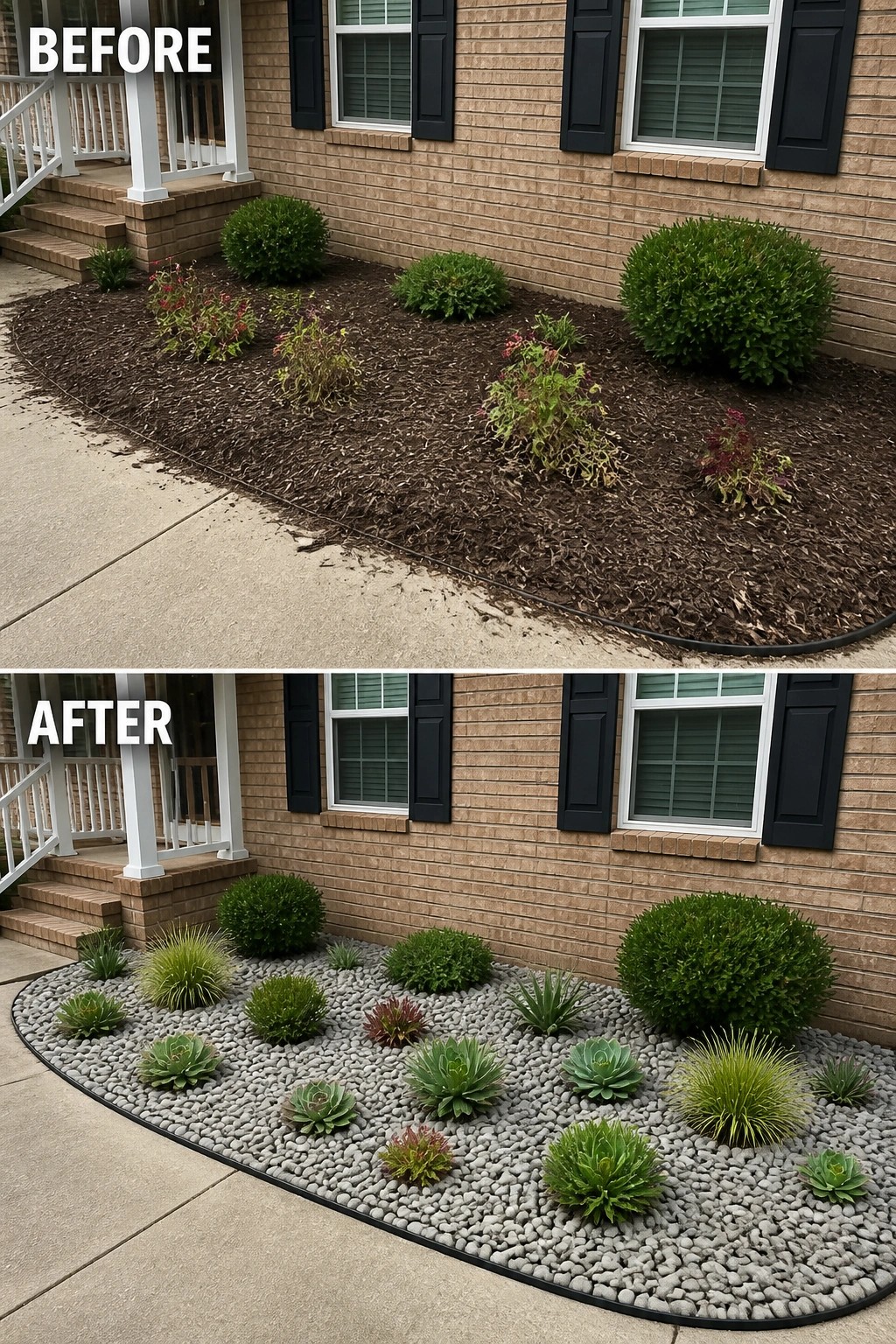 Before-and-after image of a brick house bed changed from dark mulch and sparse plants to a pebble-covered bed planted with succulents and ornamental grasses.