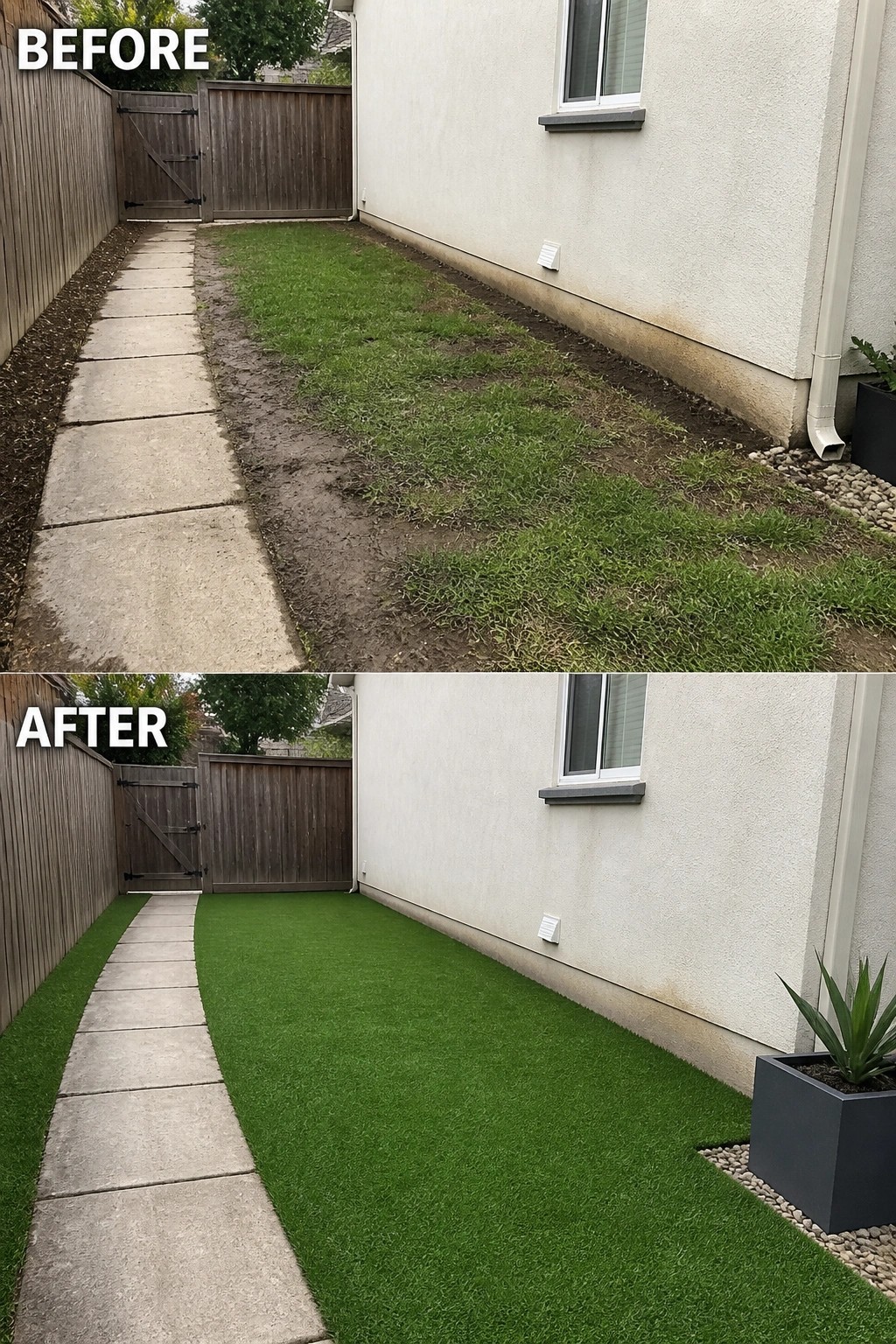 Before-and-after image of a narrow side yard where patchy, muddy grass is replaced with even artificial turf alongside a concrete path.