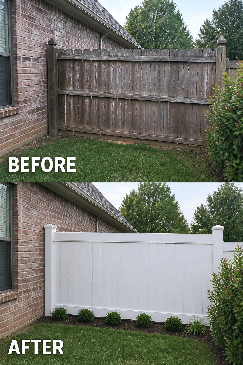 Before-and-after image of a weathered wooden privacy fence replaced by a clean white vinyl privacy fence with a narrow row of small shrubs planted along its base.