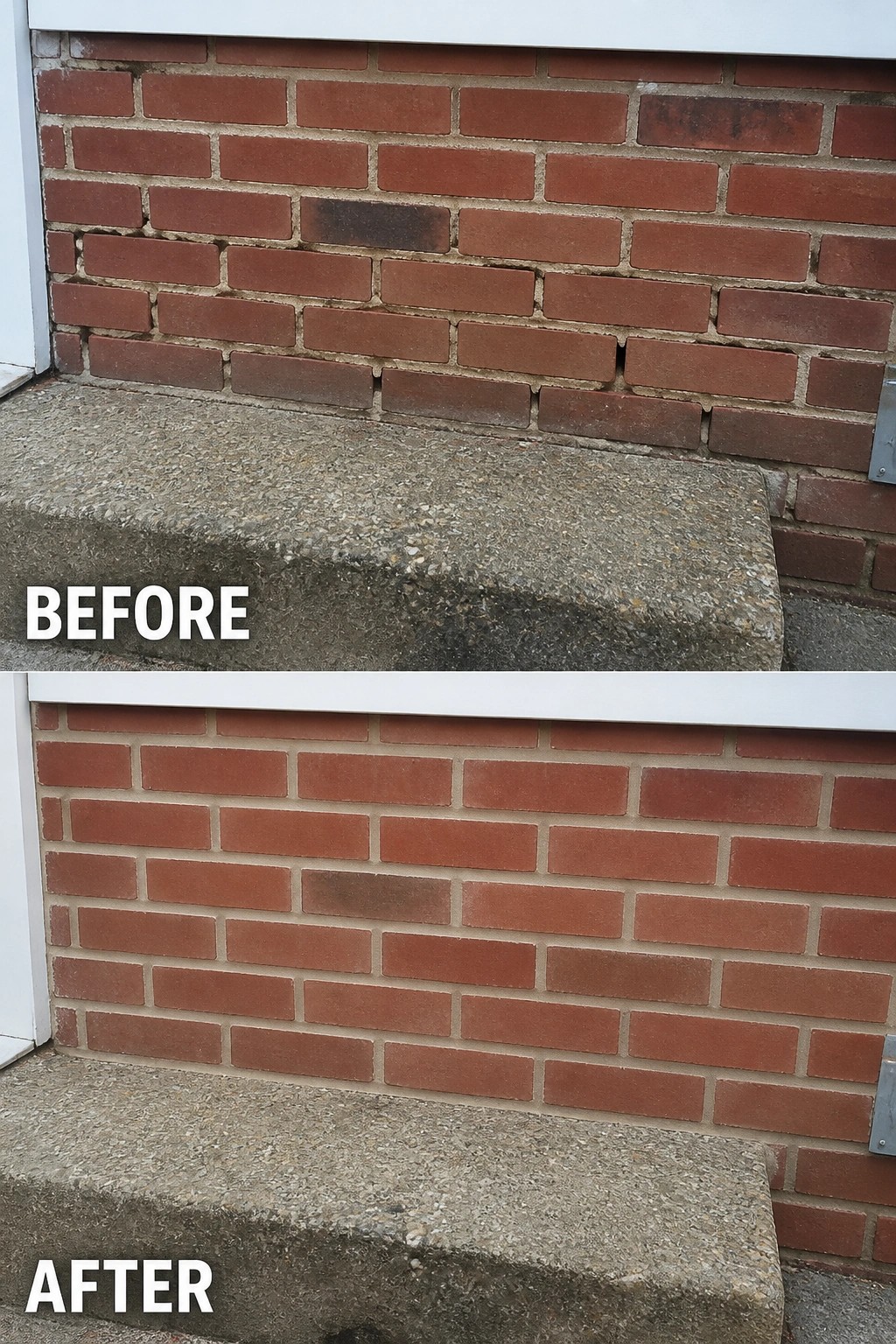 Before-and-after image of a brick house base showing eroded mortar and gaps replaced with neat repointed joints and repaired bricks.