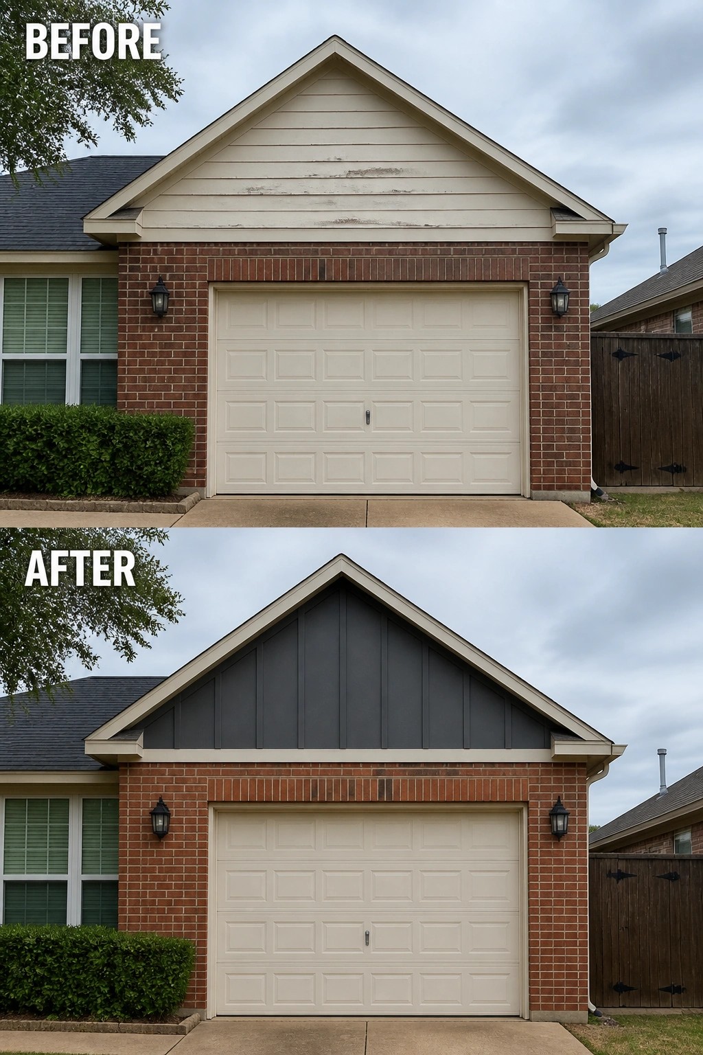 Before-and-after image of a house gable where stained beige horizontal siding is replaced with dark vertical siding for a cleaner exterior look.