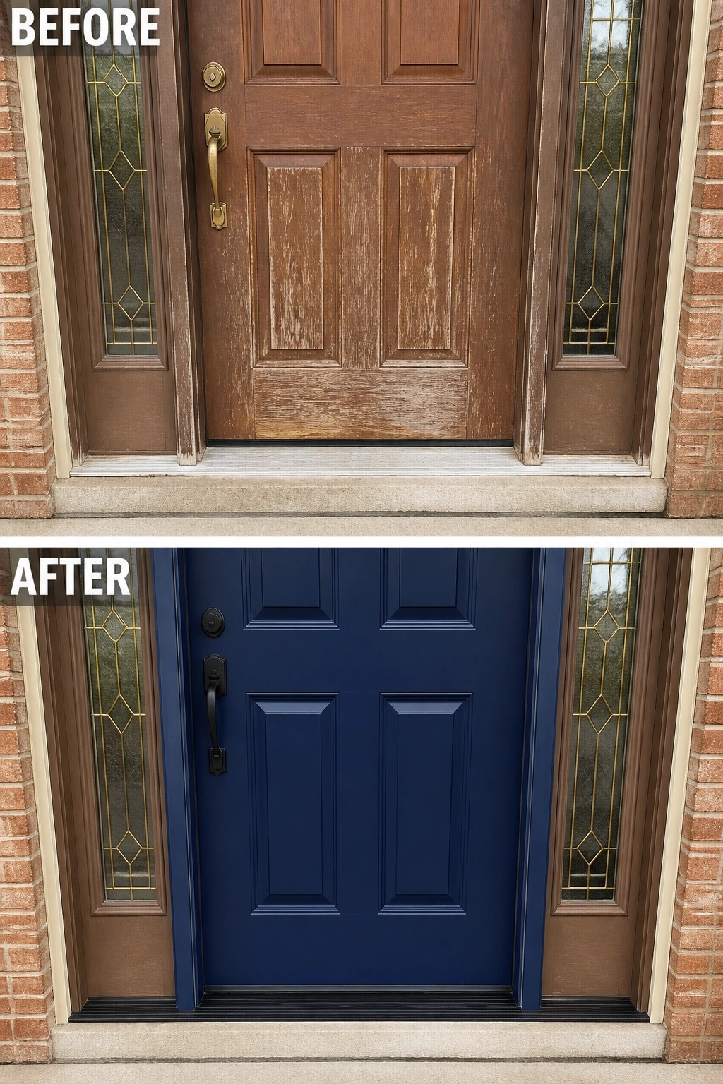 Before-and-after image of a worn wooden front door refreshed by painting it deep blue and replacing the door hardware.