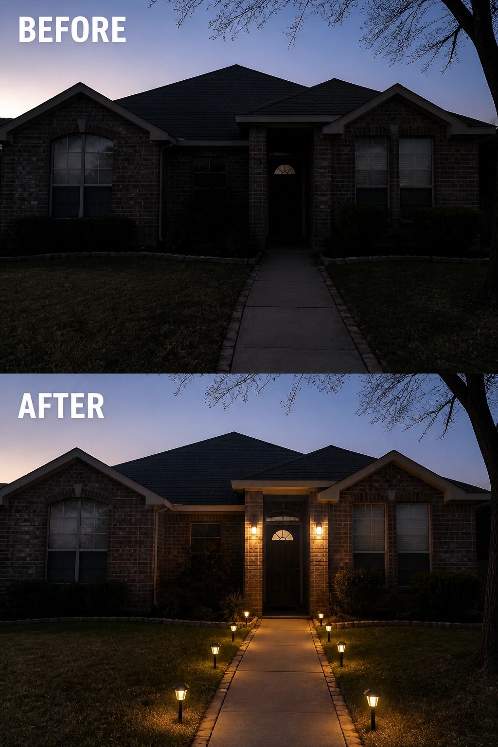Before-and-after image of a brick house front showing a dark entry updated with wall sconces and pathway lights that illuminate the walkway.
