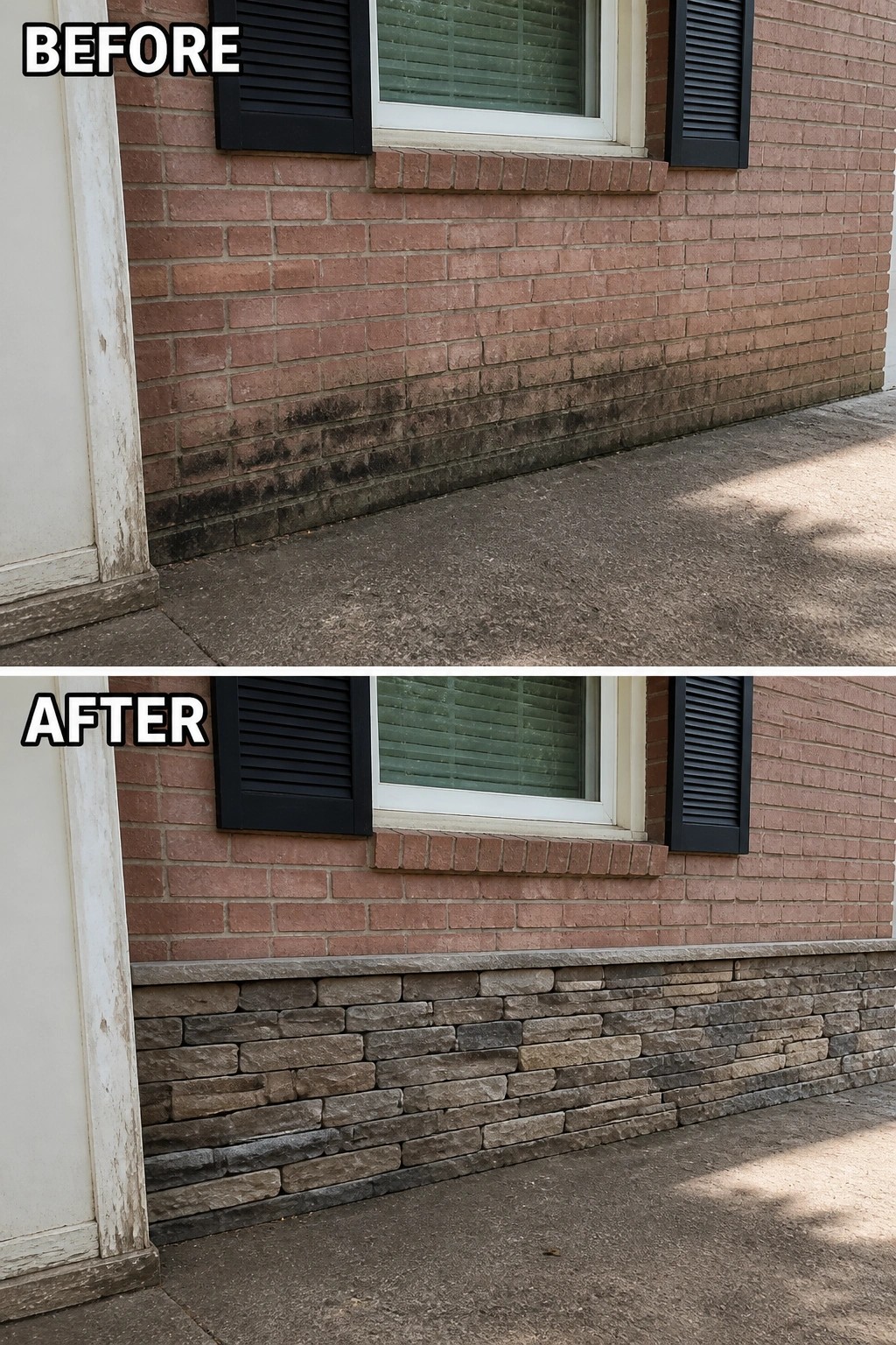 Before-and-after image showing a lower brick wall with black staining replaced by a stacked stone veneer base and cap.