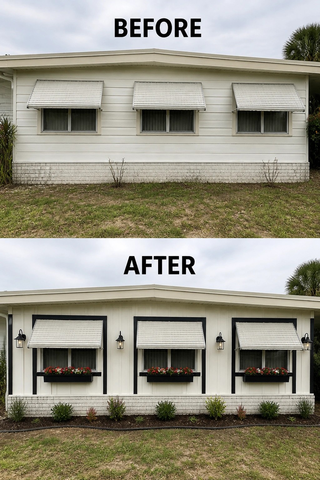 Before-and-after image of a mobile home exterior updated with black board-and-batten trim, exterior lights, flower boxes, and a planted bed.