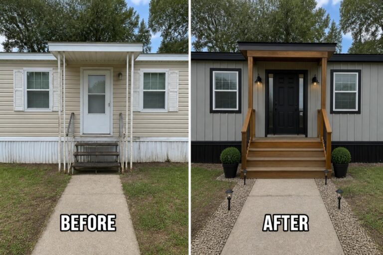 Before-and-after mobile home: worn beige siding replaced by gray siding, black door, wooden porch.