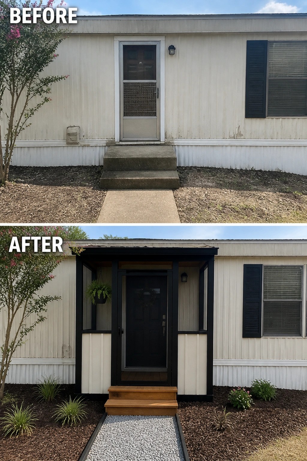 Before-and-after image of a plain mobile-home entrance updated with a small covered porch framed in dark trim, a new wooden step, and a gravel approach.