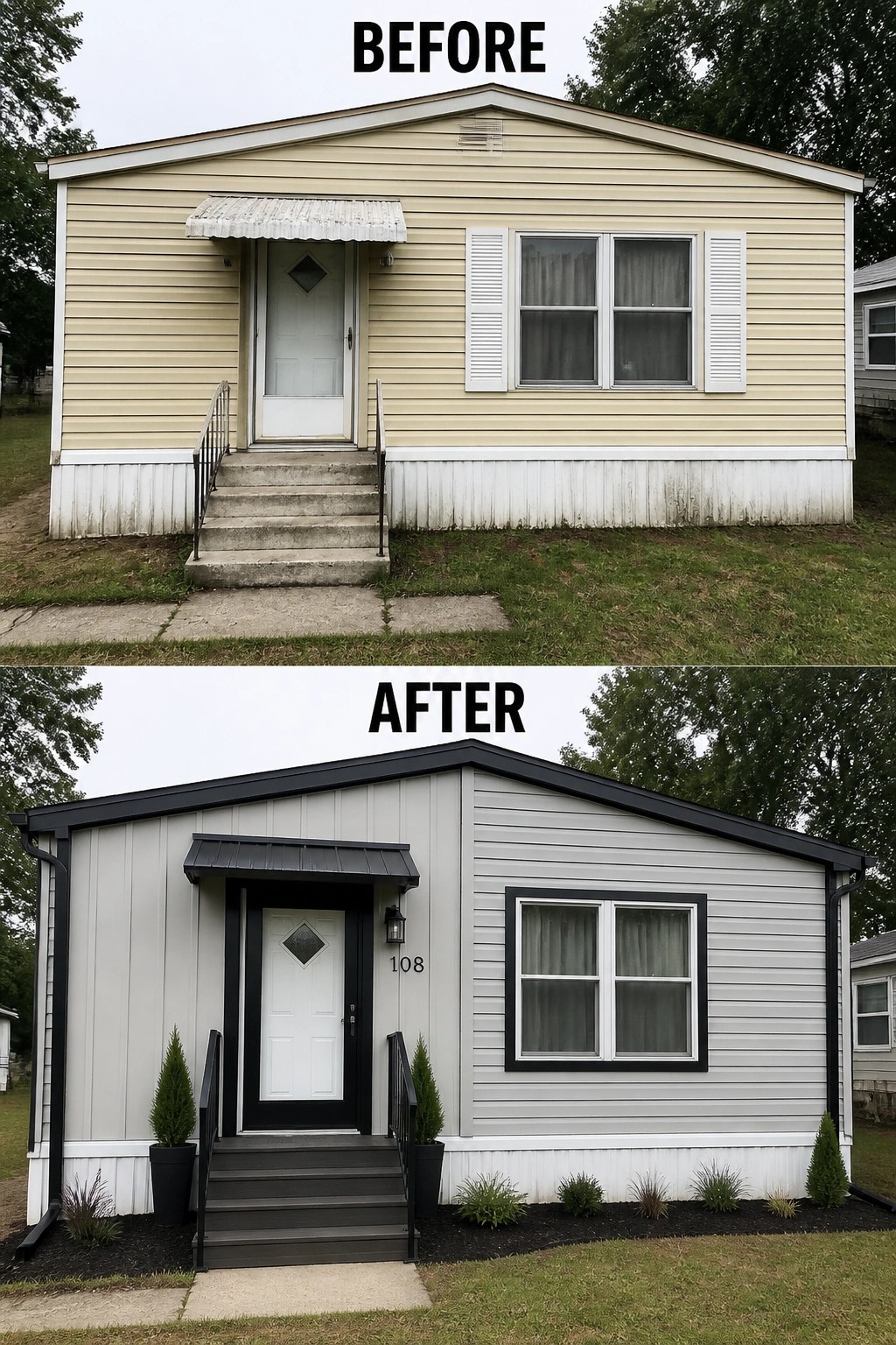 Before-and-after image of a mobile home exterior updated with board-and-batten siding, black trim, a new entry porch, and simple plantings.