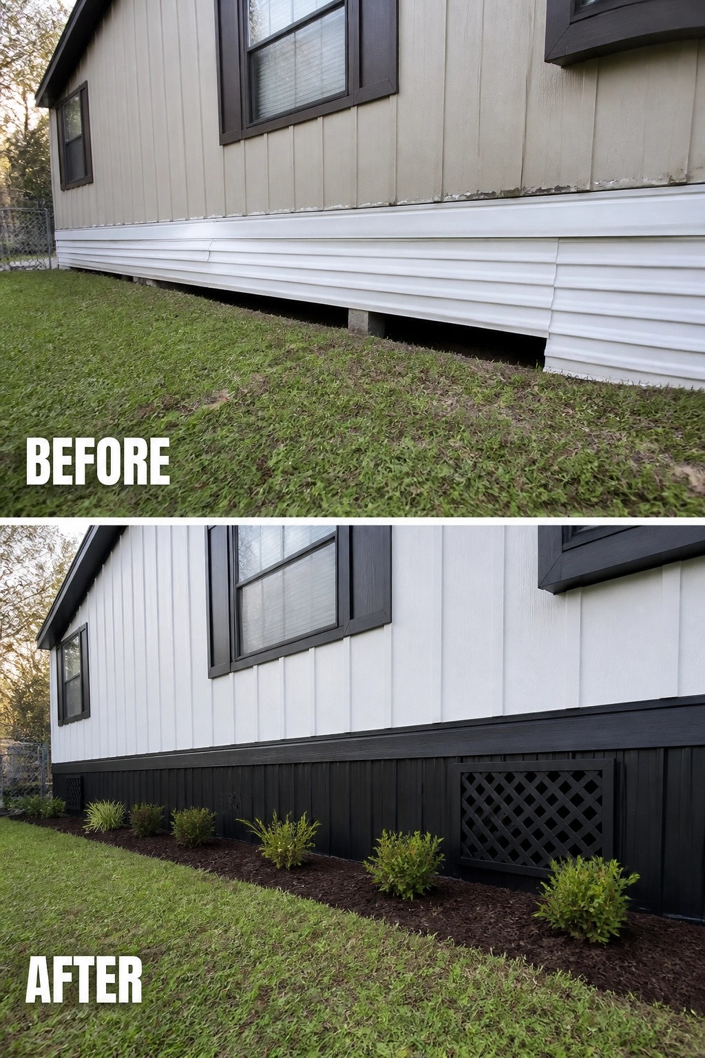 Before-and-after image of a mobile home exterior updated from beige