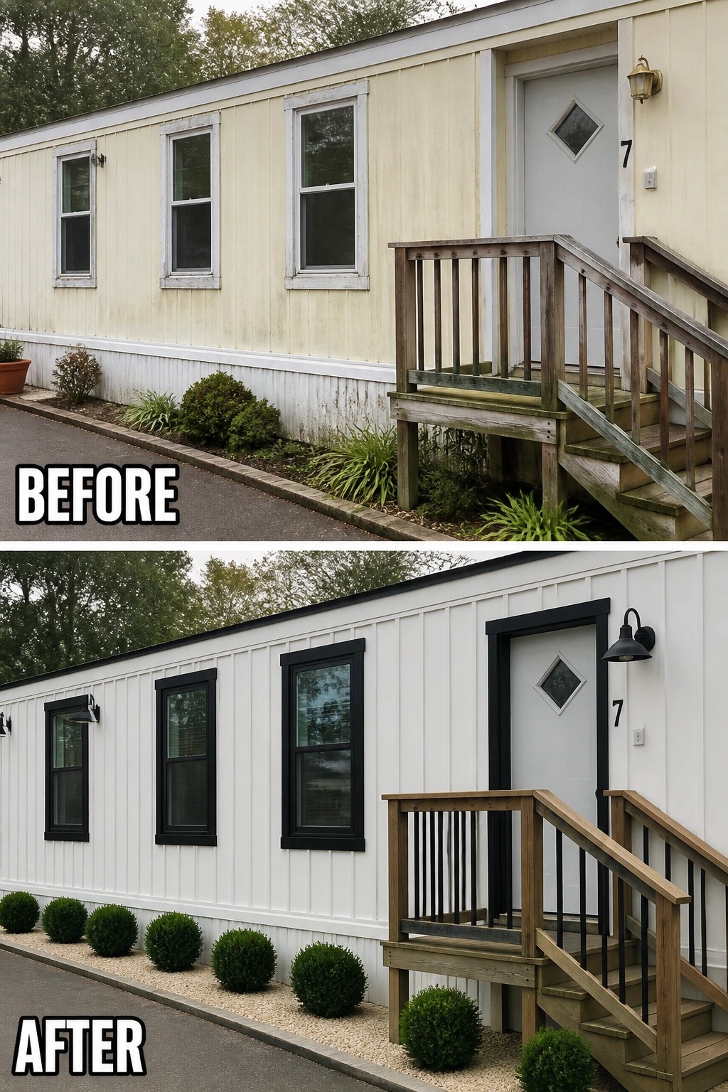 Mobile home before and after: yellowed siding replaced with white board-and-batten, black trim.