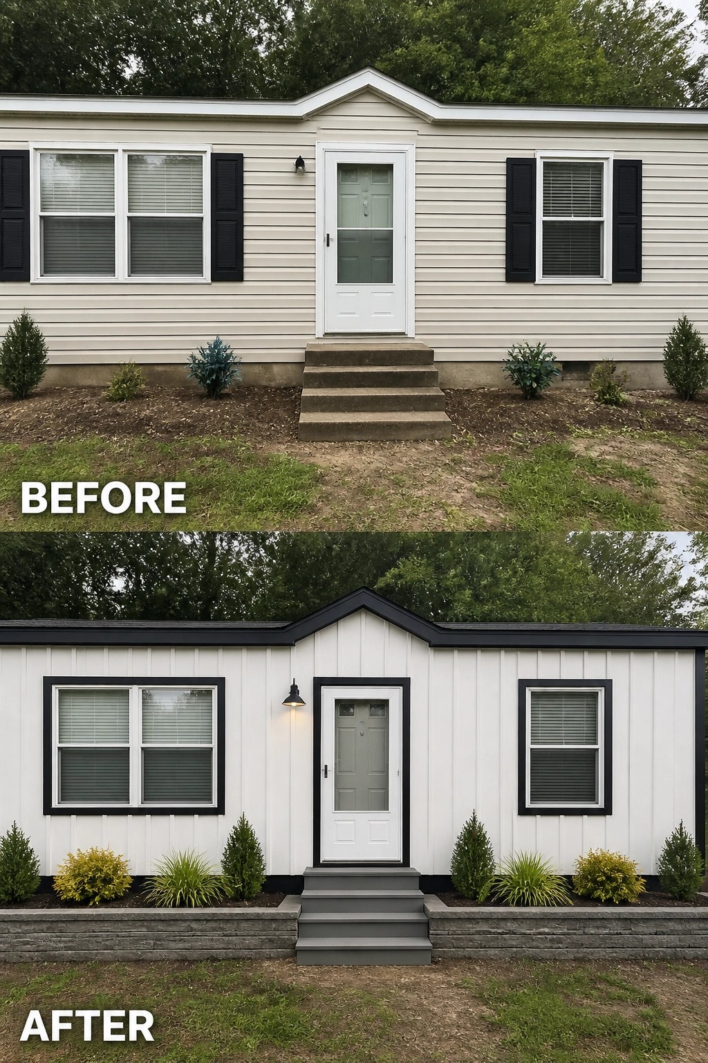Before-and-after image of a mobile home exterior updated from beige horizontal siding to white board-and-batten with black trim, new steps, and a planted raised bed.