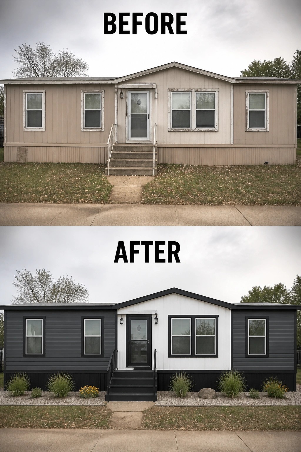 Before-and-after image of a plain beige manufactured home updated with dark gray siding, a white central panel, black trim around windows and door, and simple planted gravel beds.