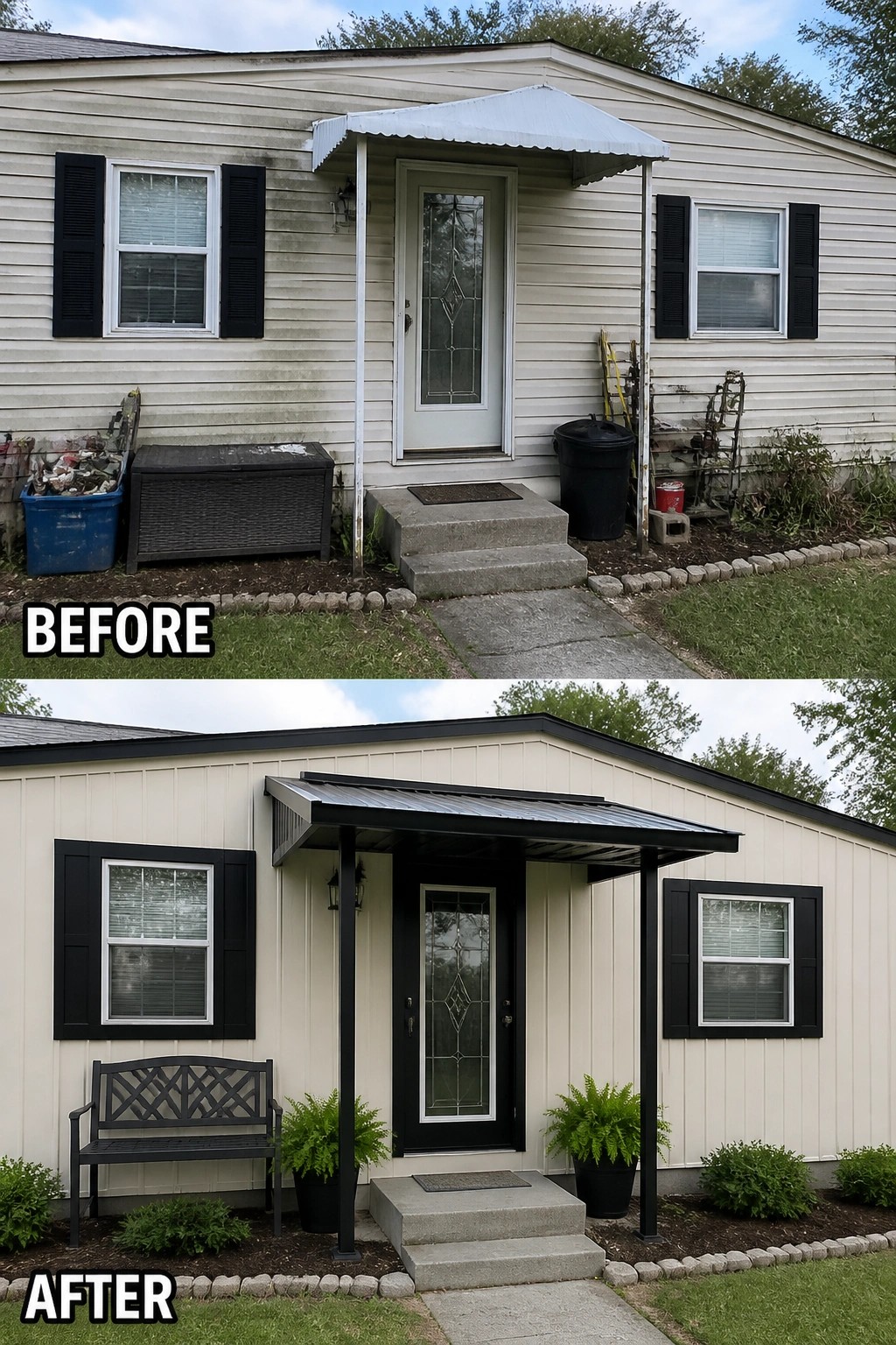 Split before and after entry: beige siding, white awning; renovated with black trim, bench, ferns.