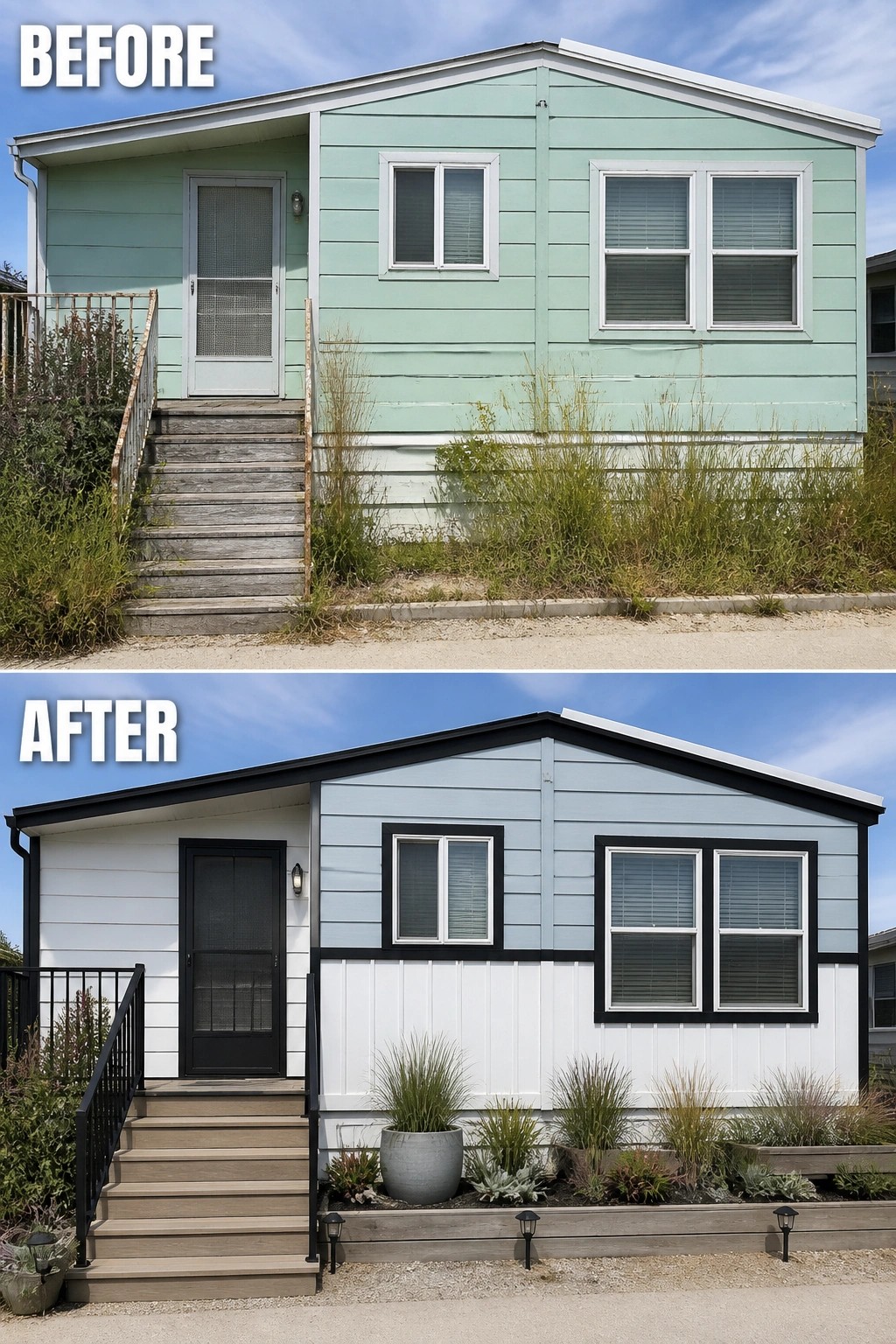 Before-and-after showing mint-green mobile home renovated with blue-white siding, black trim, landscaping.