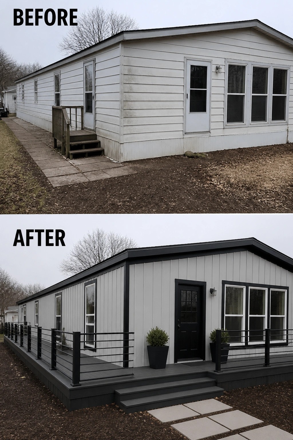 Before-and-after image of a mobile home updated from plain horizontal siding and small steps to vertical board-and-batten siding with black trim, a new black door, and a low-profile deck with railings.