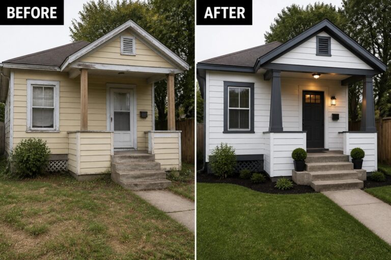 18 Modern Small House Makeovers Using Clean Siding and Dark Trim Split before-and-after showing small bungalow renovated from yellow weathered siding to white with dark-gray trim