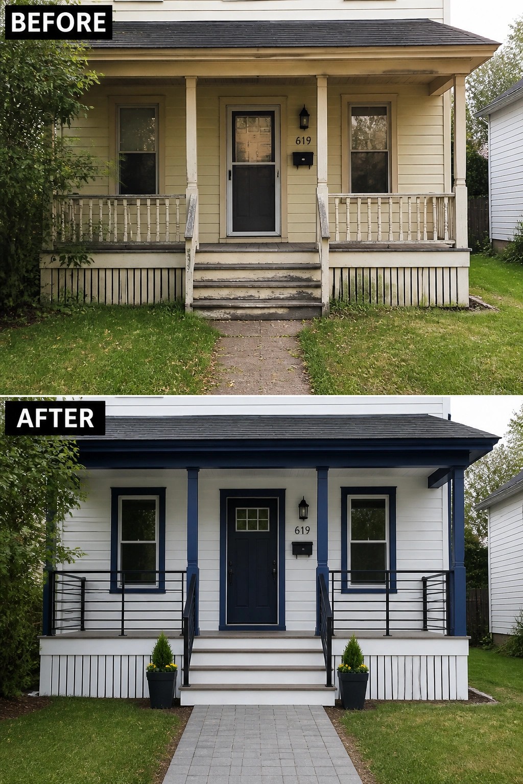 Before-and-after image of a small front porch updated with clean white siding, dark trim